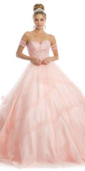 Juliet 1424 Quinceanera Ball Gown Tulle Skirt Arm Bands Beaded Bodice