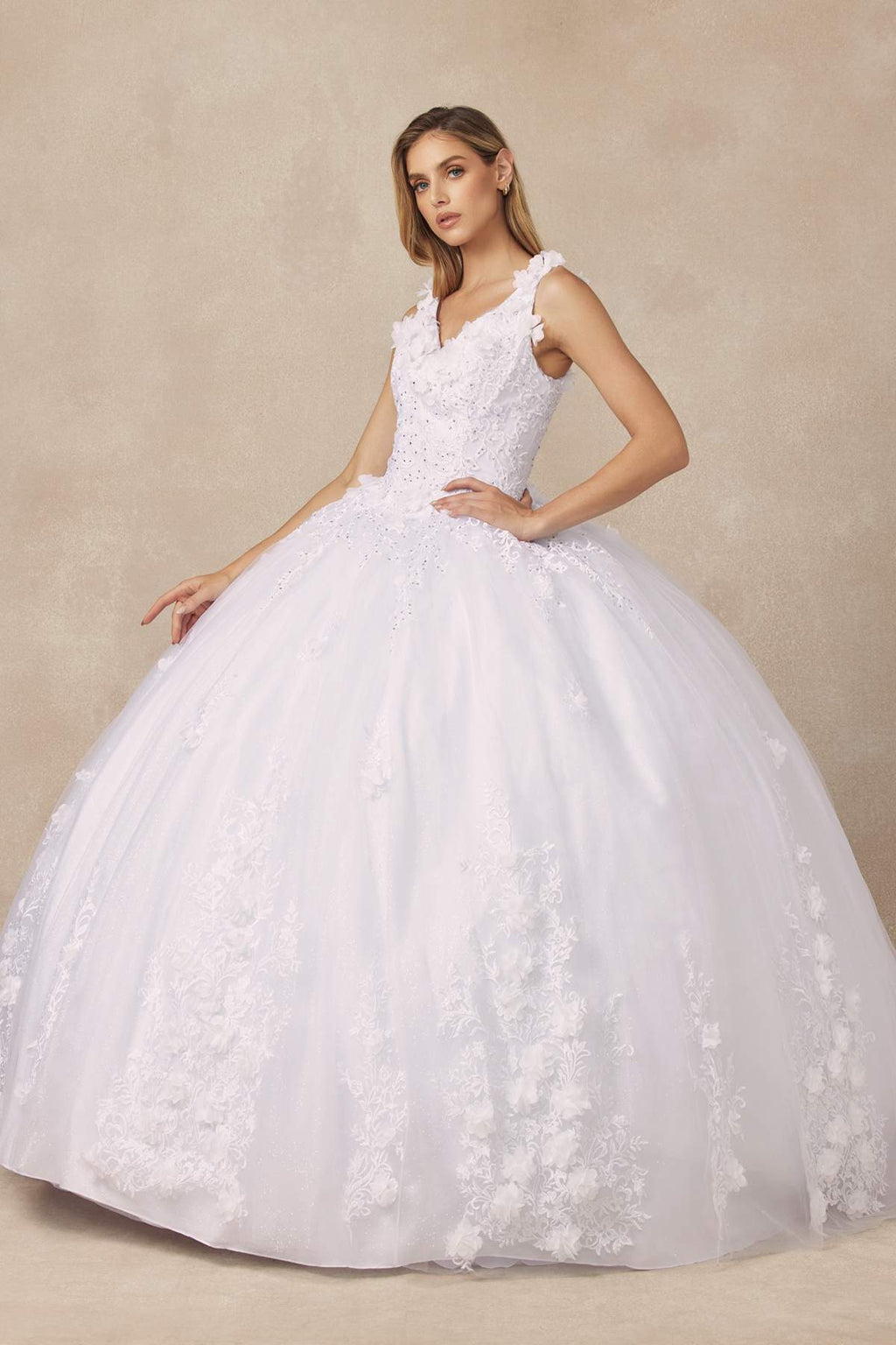 Juliet 1437 Floral Applique Quinceanera Ball Gown With 3D Flowers