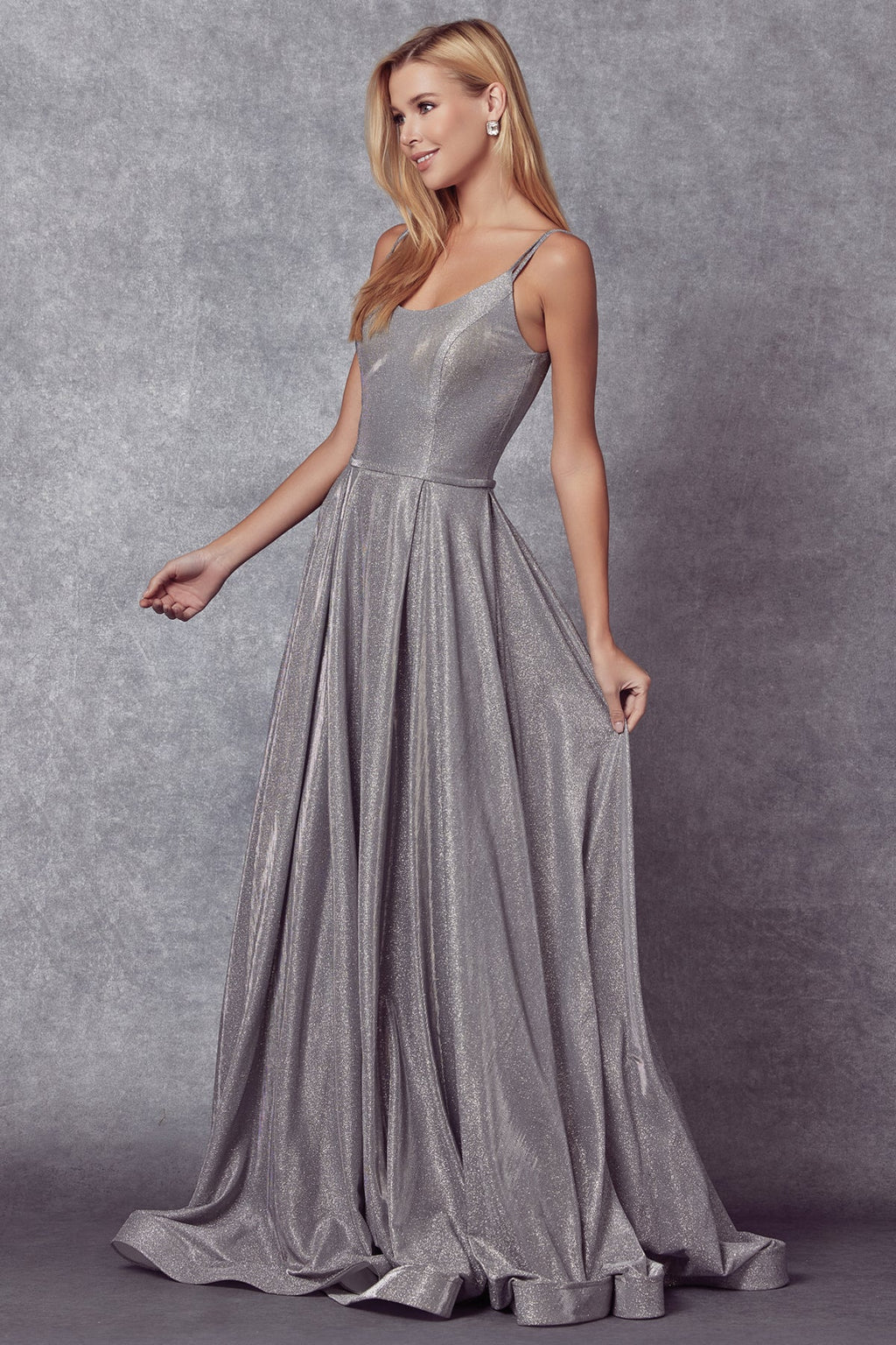 Juliet 206 Long A-Line Glitter Gown Side Pockets