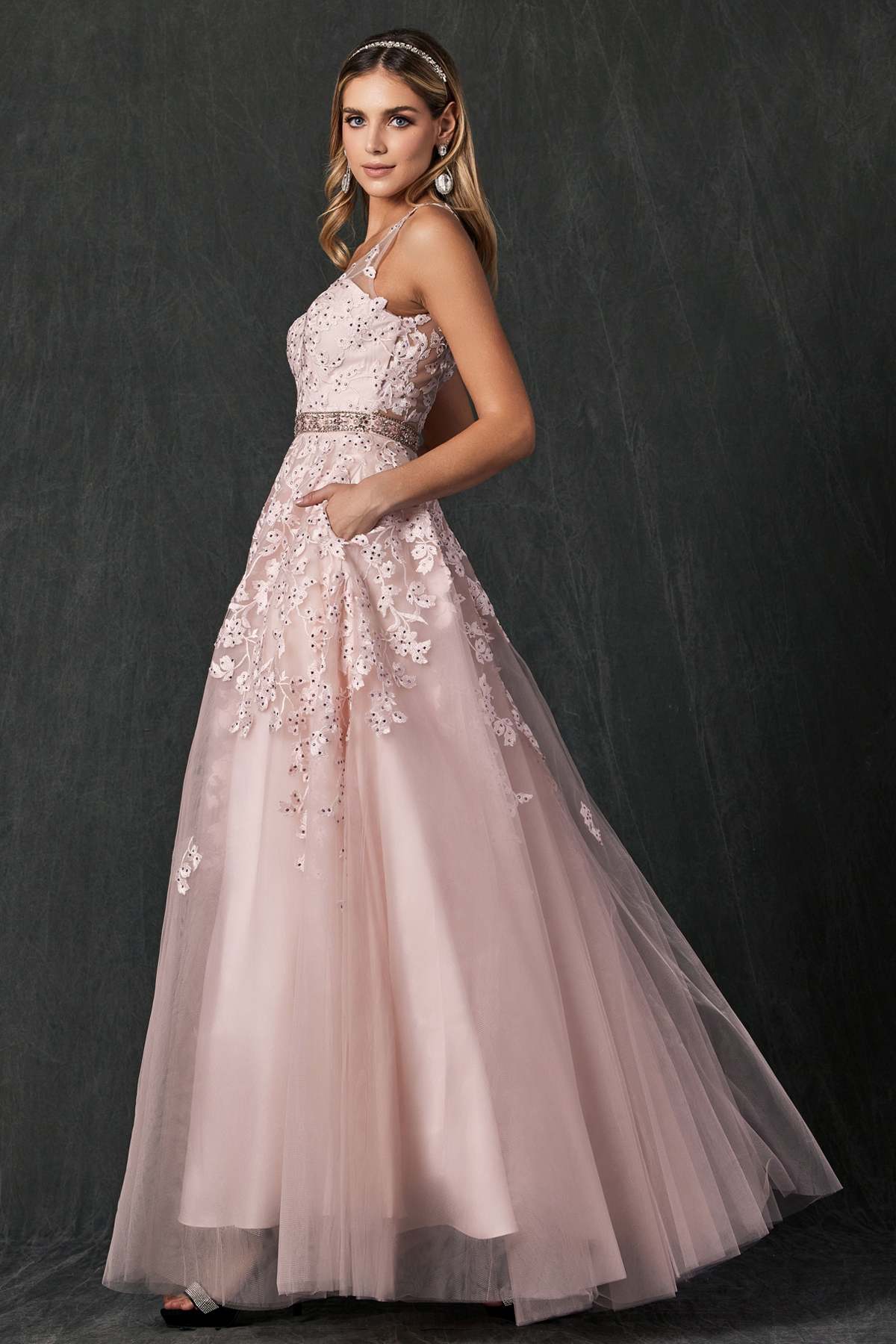 Juliet 224 V-Neck and Back Embroidered Tulle A-Line Ball Gown