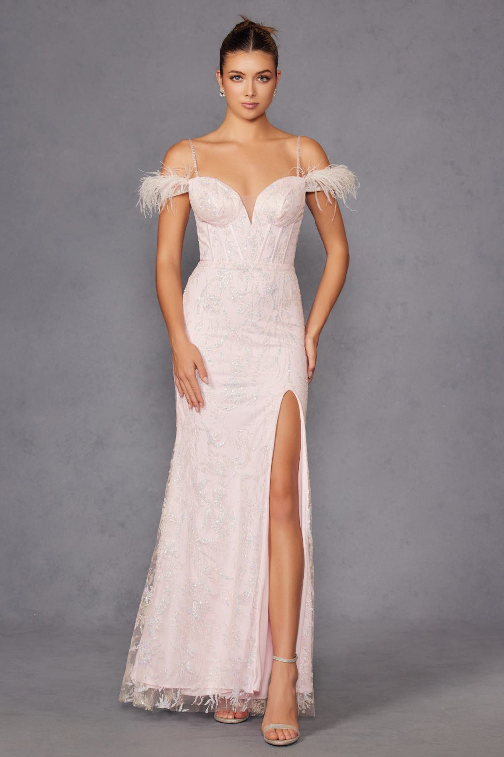 Juliet 2402 Glitter Leaf Sequin Gown with Feathered Sleeves and Slit