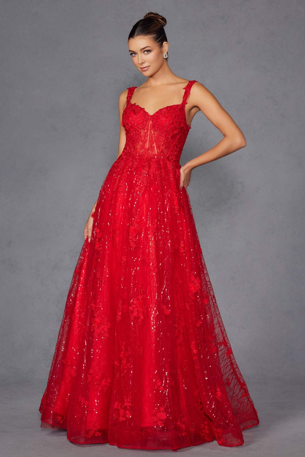 Juliet JT2495A Long A-Line Floral Lace Evening Gown