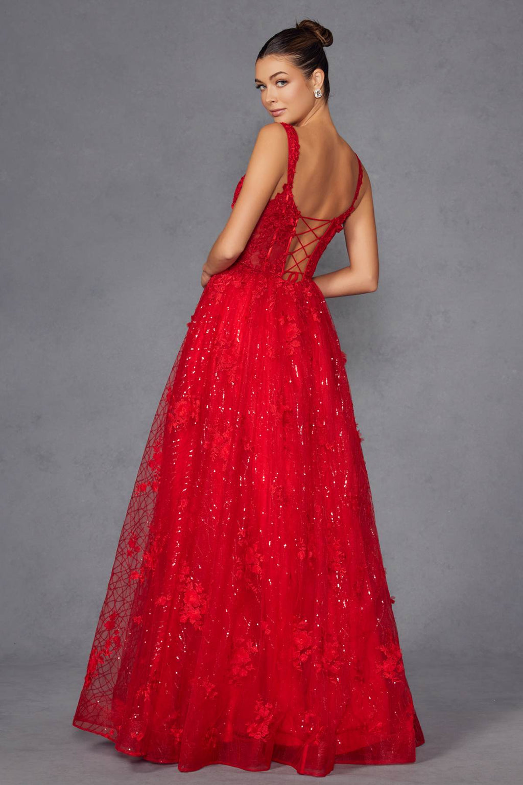 Juliet JT2495A Long A-Line Floral Lace Evening Gown