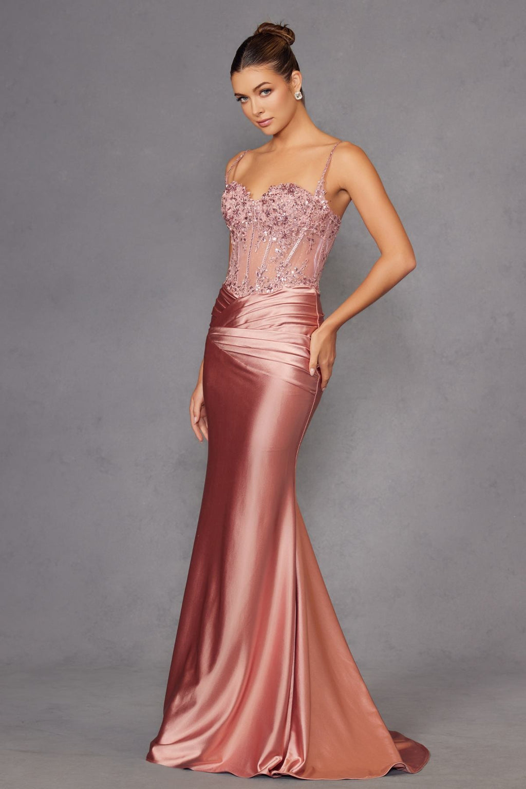 Juliet JT2531K Fitted Bodice Long Satin Sweetheart Prom Gown