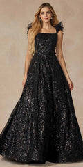 Juliet 297 Floor Length Feathered Cap Sleeve Patterned Sequin A-Line Gown