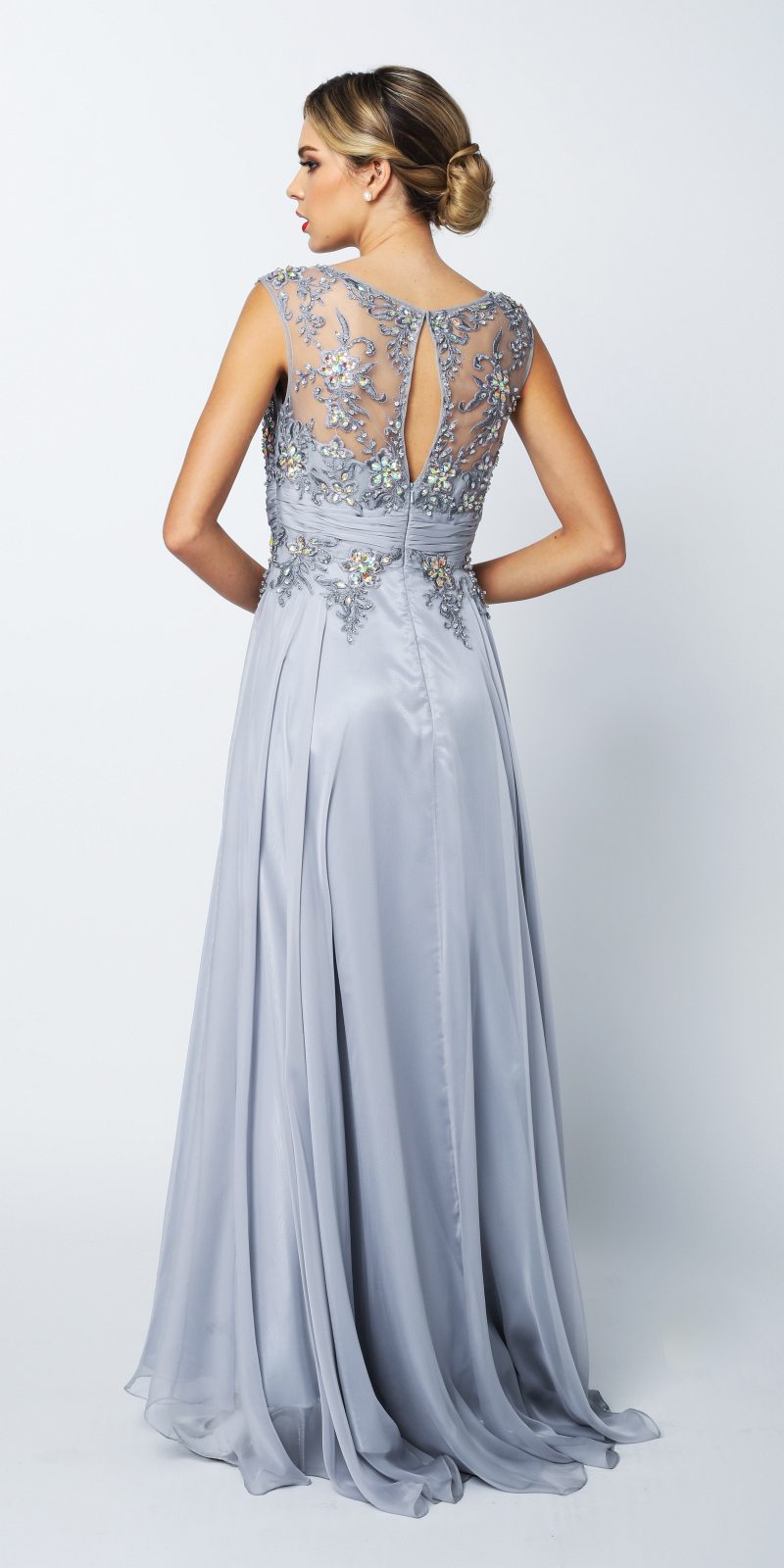 Juliet 552 Long Jewel Neckline Studded Bodice A-Line Gown