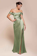 CLEARANCE - Ladivine 7452 Dress Off the Shoulder Sage Green Satin Gown (Size 10)