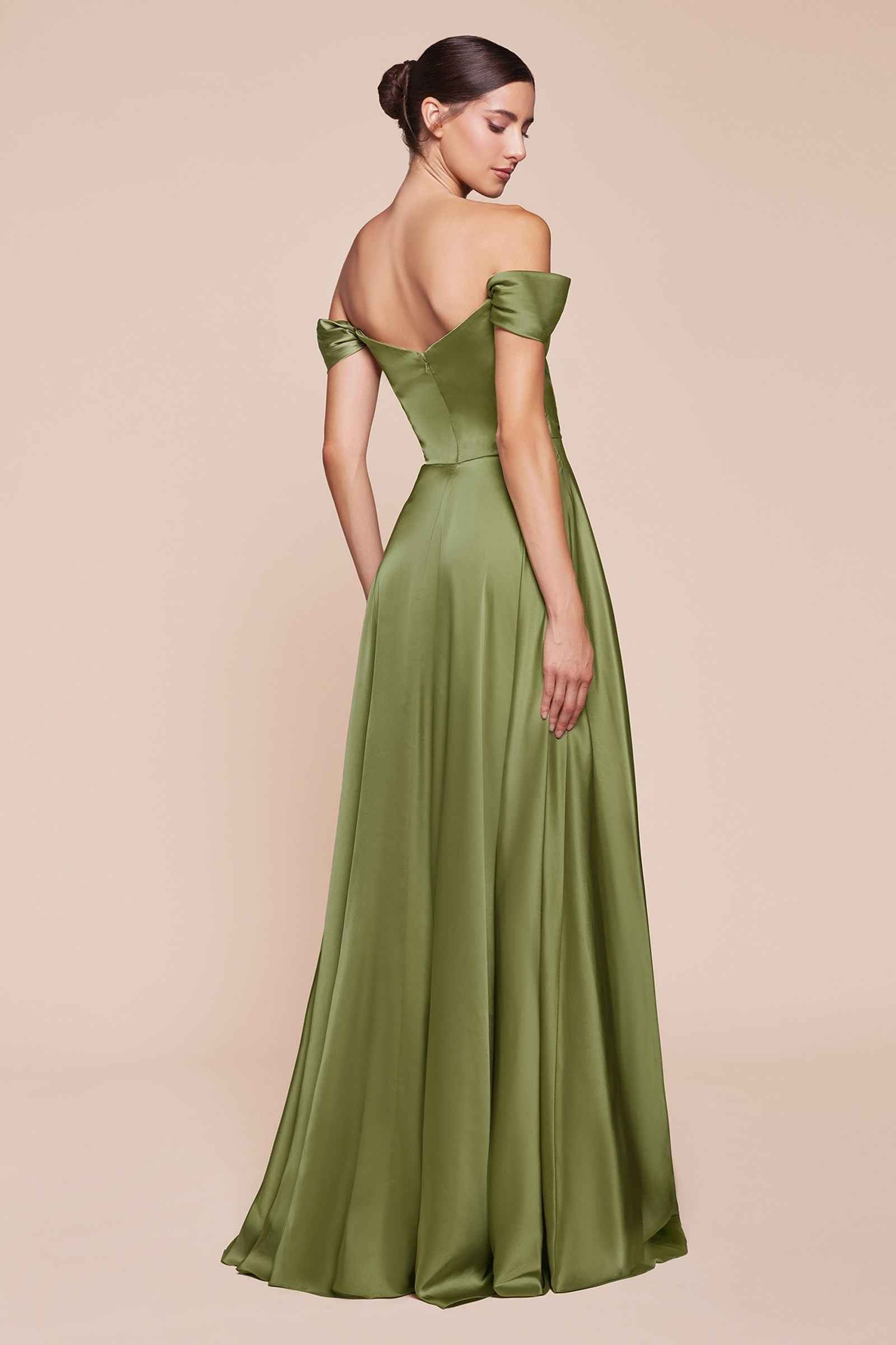 Cinderella Divine 7493C Long Plus Size A-Line Off the Shoulder Satin Dress