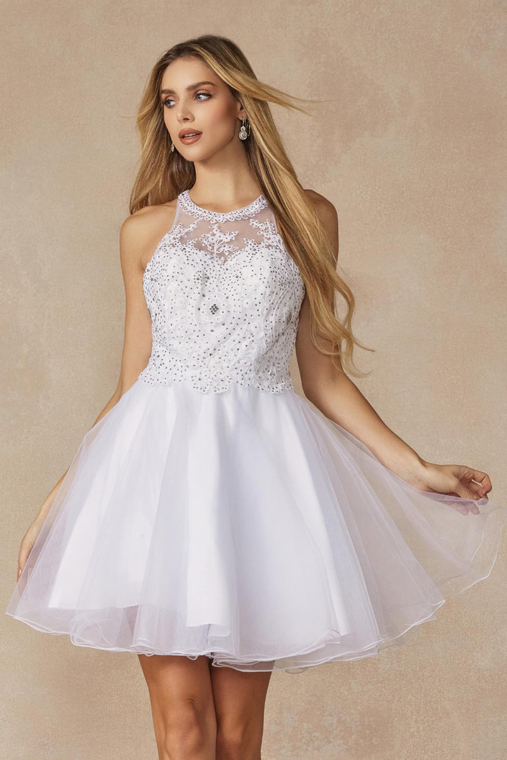Juliet 826 Fit-and-Flare Halter Neck Short Party Dress