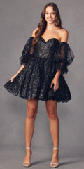 Juliet 895 Short A-Line Glitter Boned Dress Detachable Puff Sleeves