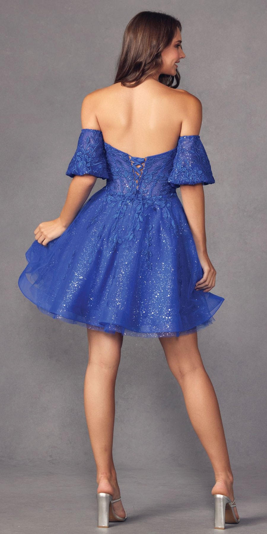 Juliet 909 Short A-Line Glitter Print Dress Removable Short Puff Sleeves