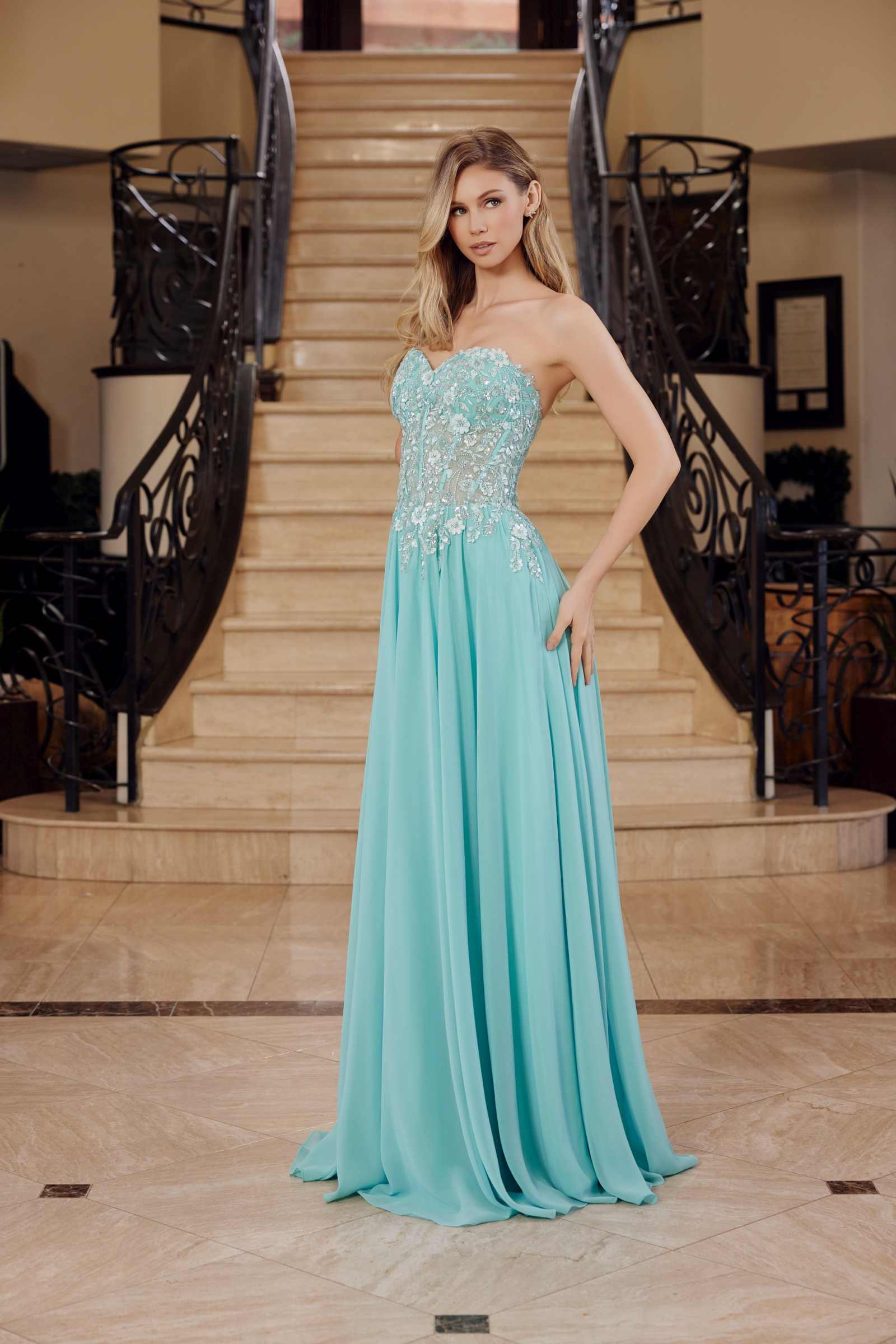 Nox Anabel C1617 Strapless Applique Corset with Chiffon Skirt Dress