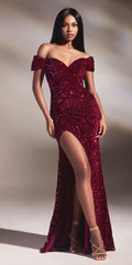 Ladivine CA109 Floor Length Velvet Sequin Off the Shoulder Gown