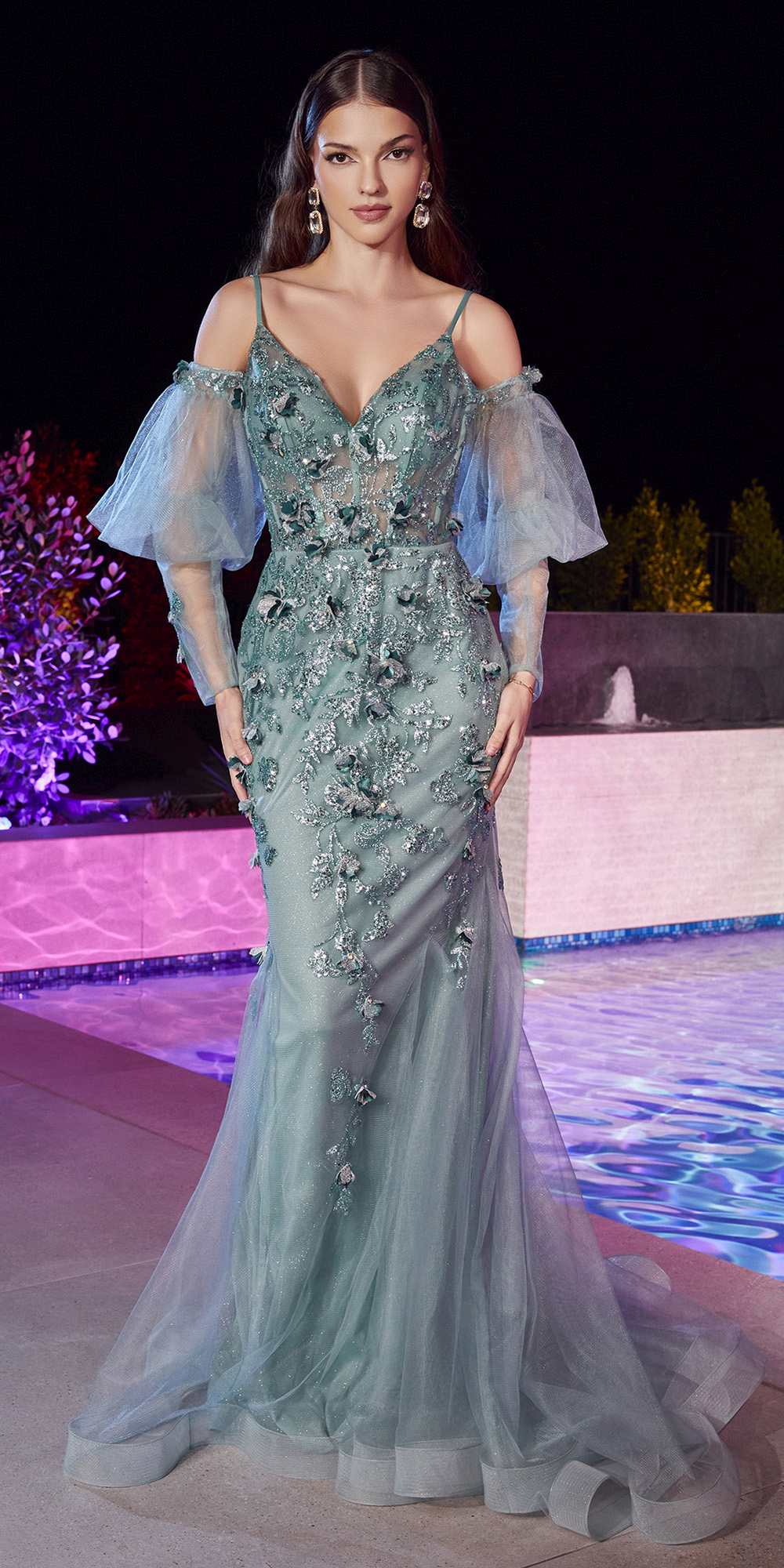 Ladivine CB121 Embellished Fitted Mermaid Gown with Puff Sleeves
