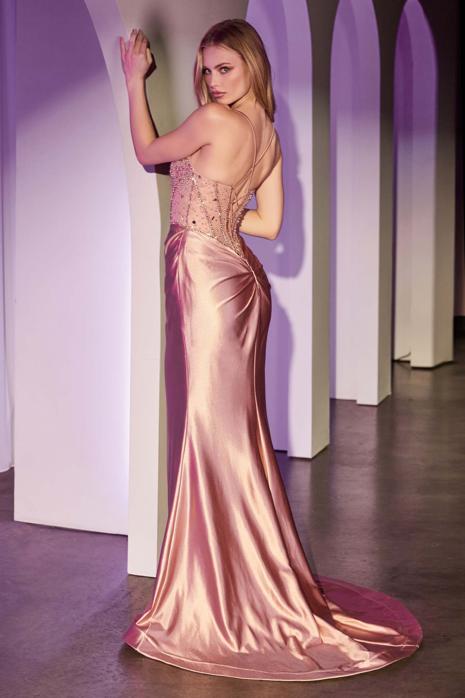 Ladivine CC8884 Dress Fitted Rose Gold Satin Gown With Beaded Bodice