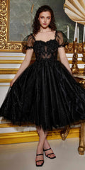 Cinderella Divine CD0187 Tea Length Layered Tulle Dress with Short Puff Sleeves