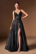 Ladivine CD2412 Magical A-Line Floral Applique Glitter Tulle Gown