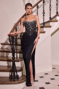 Ladivine CD407 Strapless Sheer Corset Bodice Slit Fitted Formal Gown