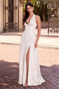Ladivine CD412W Shimmering A-Line Plunging Halter Gown
