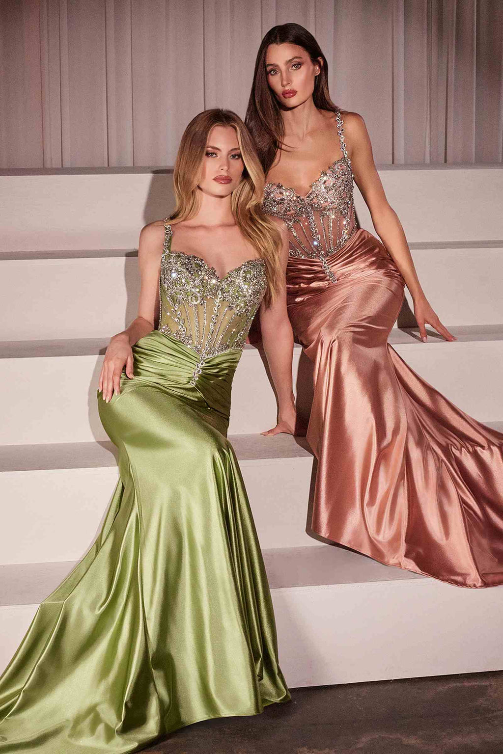 Ladivine CD757 Dress Crystal Embellished Fitted Satin Gown