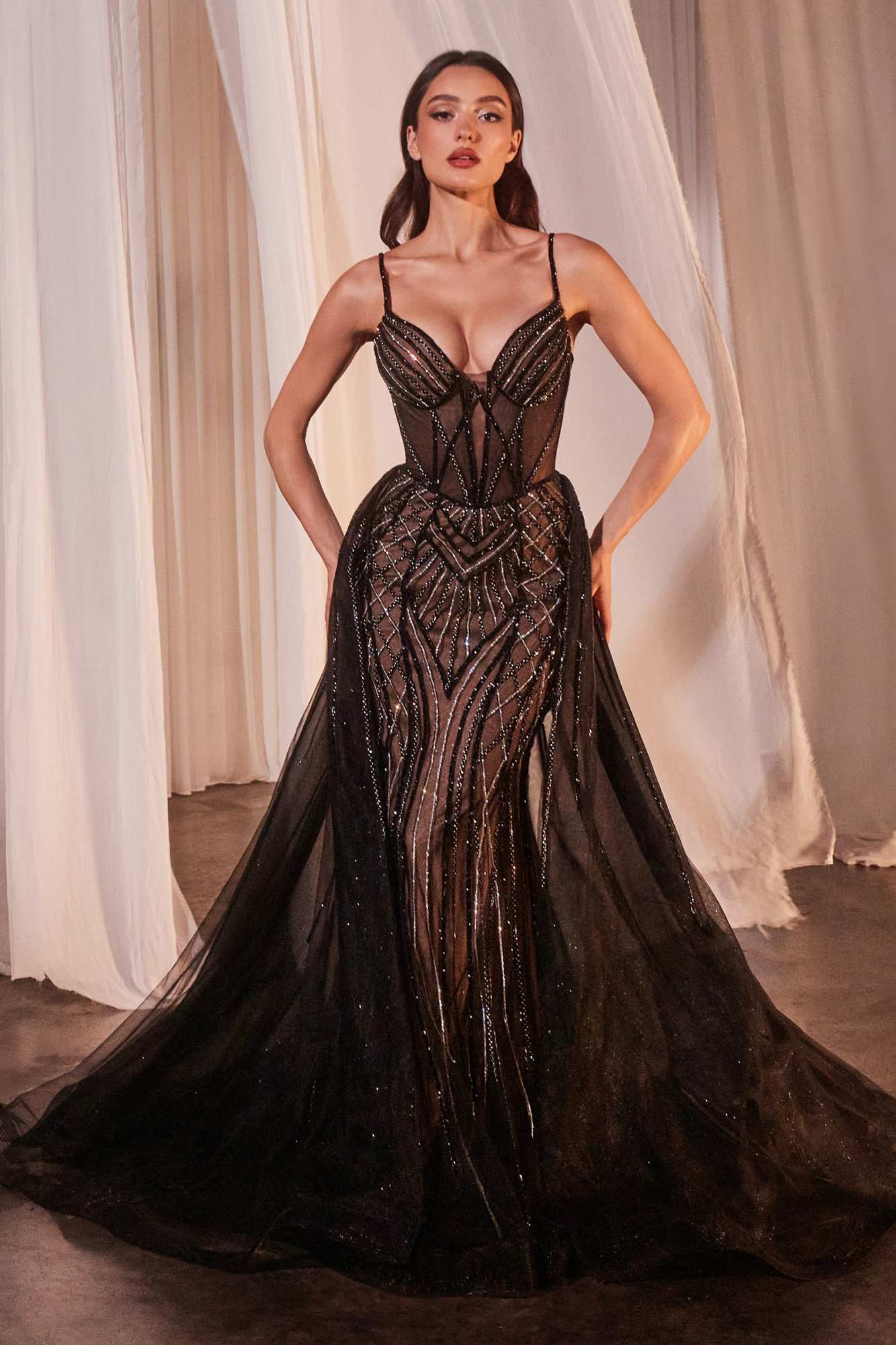Ladivine CD863 Floor Length Fitted Beaded Tulle Fabric Red Carpet Gown