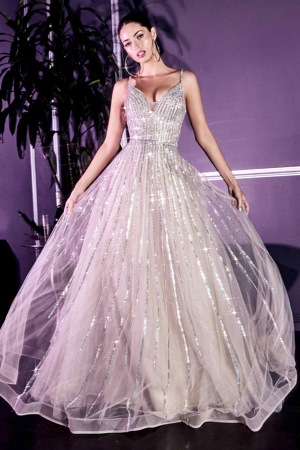 Cinderella Divine CD940 Stunning A-Line Ball Gown Glitter Tulle Long V-back