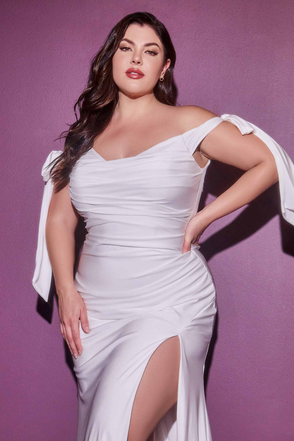 Cinderella Divine CD944WC Long Stretch Satin Gown Off The Shoulder Tie Sleeve