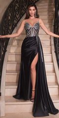 Cinderella Divine CDS440 Floor Length Stretch Satin Sheer Bodice Sexy Gown