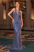 Ladivine CDS547 Fitted Halter Evening Gown Plunging Bodice