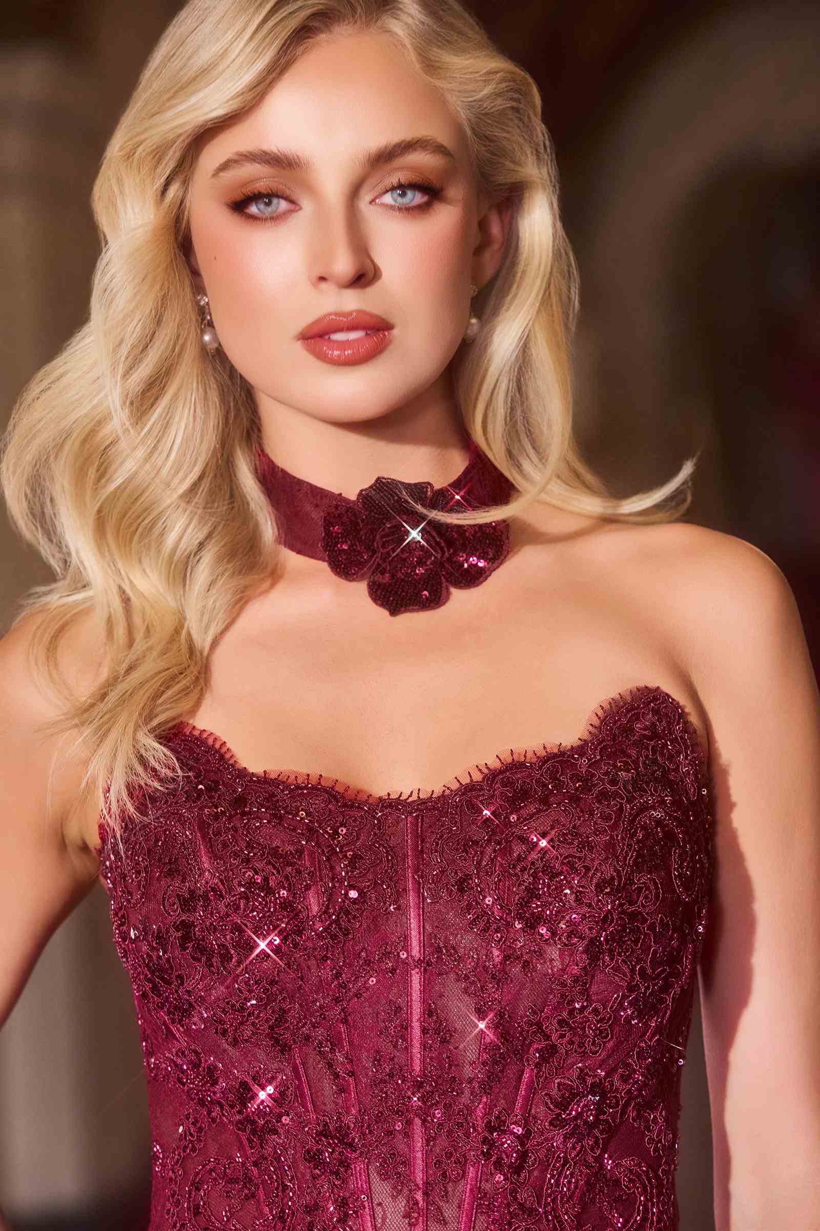 Ladivine CDS550 Fit and Flare Strapless Matching Chocker Evening Gown