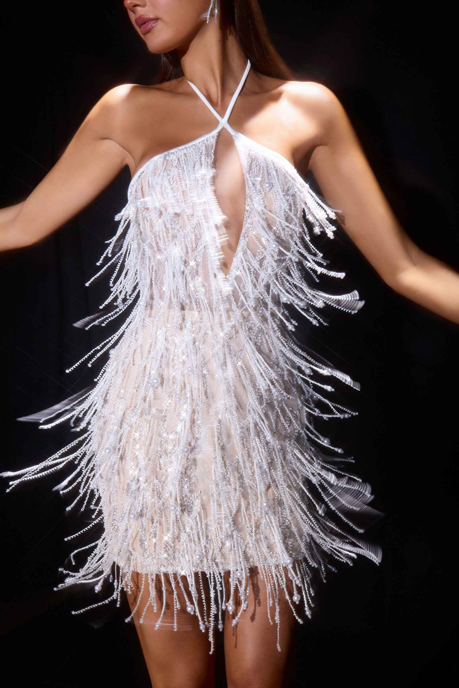 Ladivine CDS574 Fringe Beadwork Halter Fitted Mini Dress