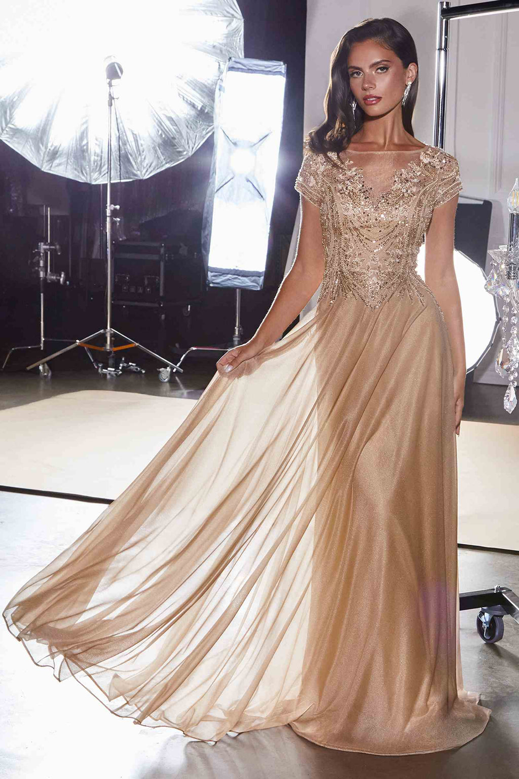 Ladivine CL11 Gold Beaded Cap Sleeve A-Line Formal Dress