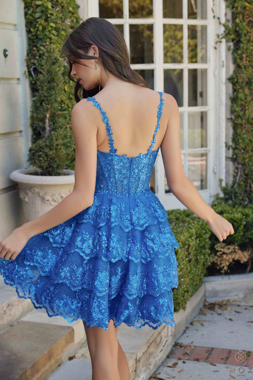 CLEARANCE - Nox Anabel E914 Short Applique Tiered A-Line Rose Gold Dress (Size 6, 12)