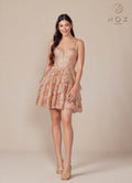 CLEARANCE - Nox Anabel E914 Short Applique Tiered A-Line Rose Gold Dress (Size 6, 12)