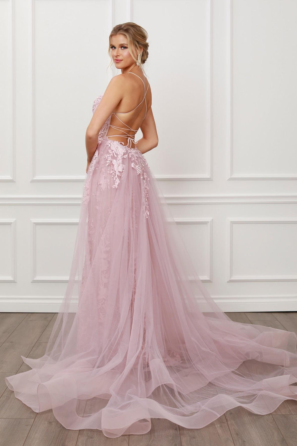 Nox Anabel F485 Lace and Beads Mermaid Gown Chiffon Overskirt