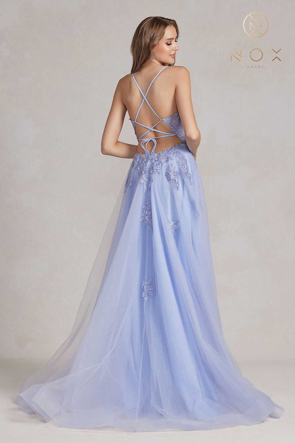 Nox Anabel G1149 Floor Length A-Line Tulle Gown with Slit