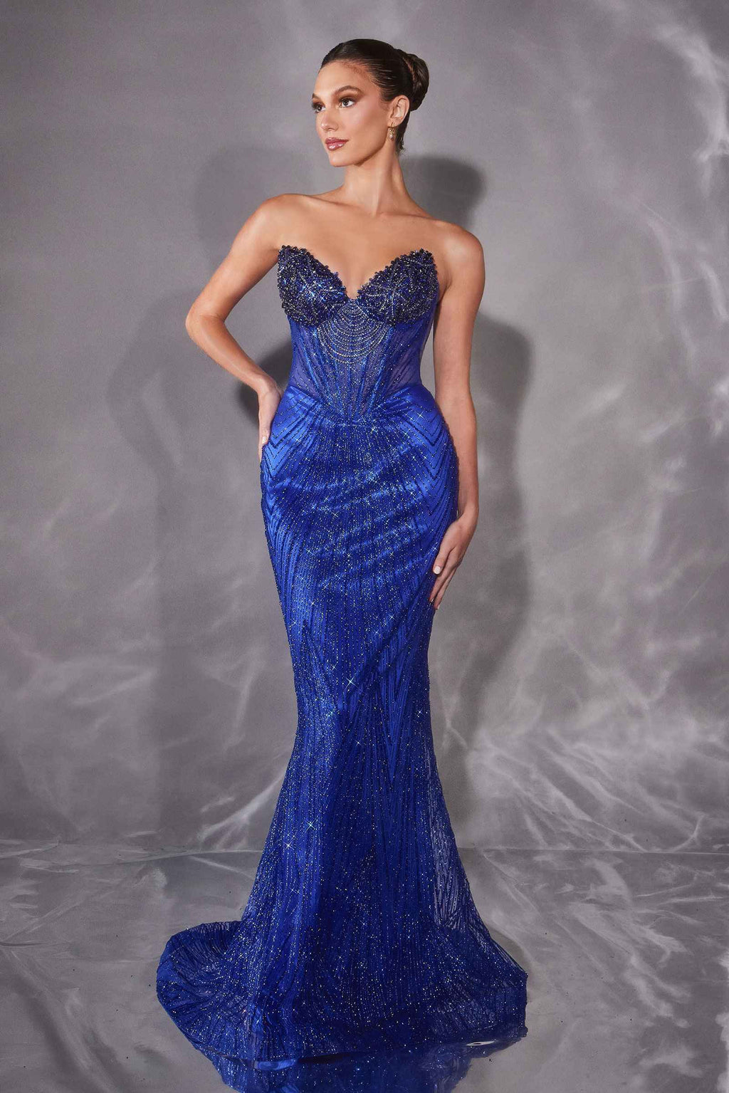 CLEARANCE - Ladivine J903 Crystal Sheer Corset Bodice Fitted Gold Gown (Size 6)