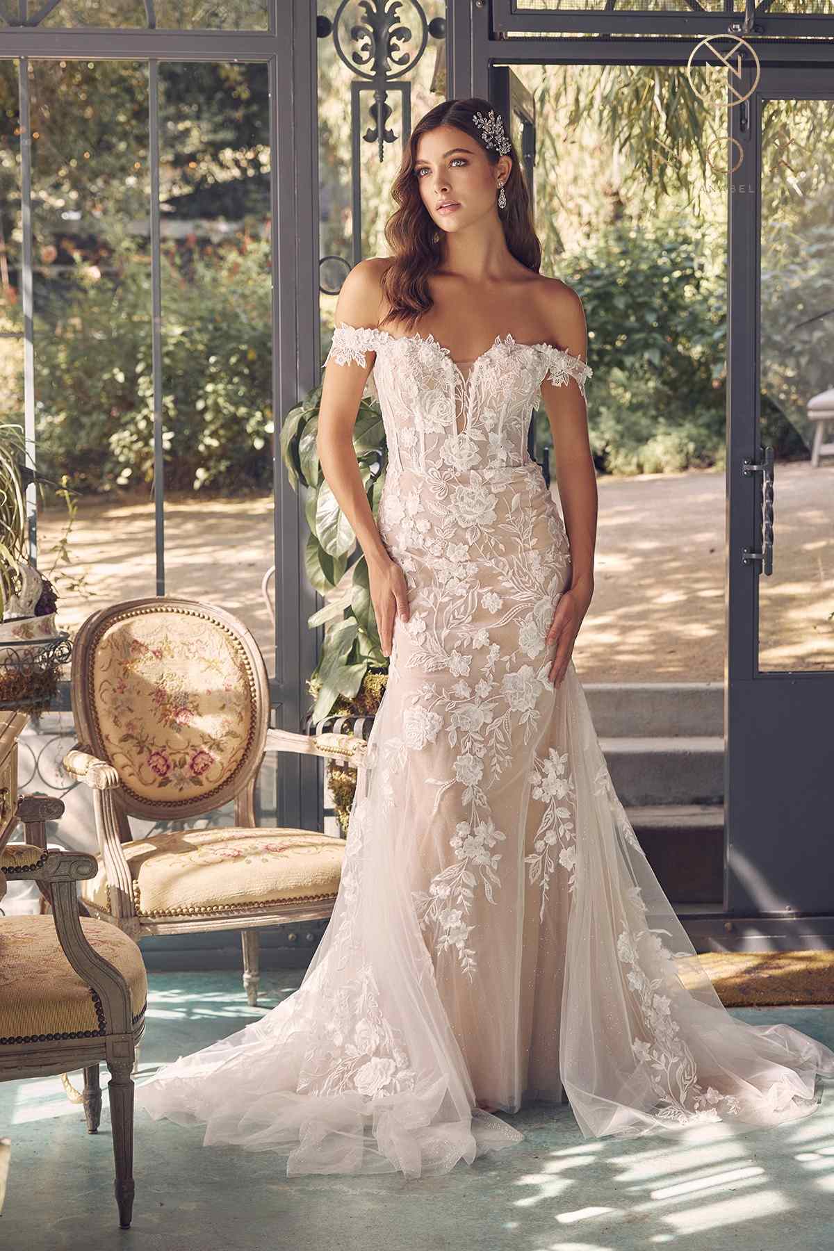 Nox Anabel JE974 Long Off Shoulder Fitted Embroidered Wedding Gown