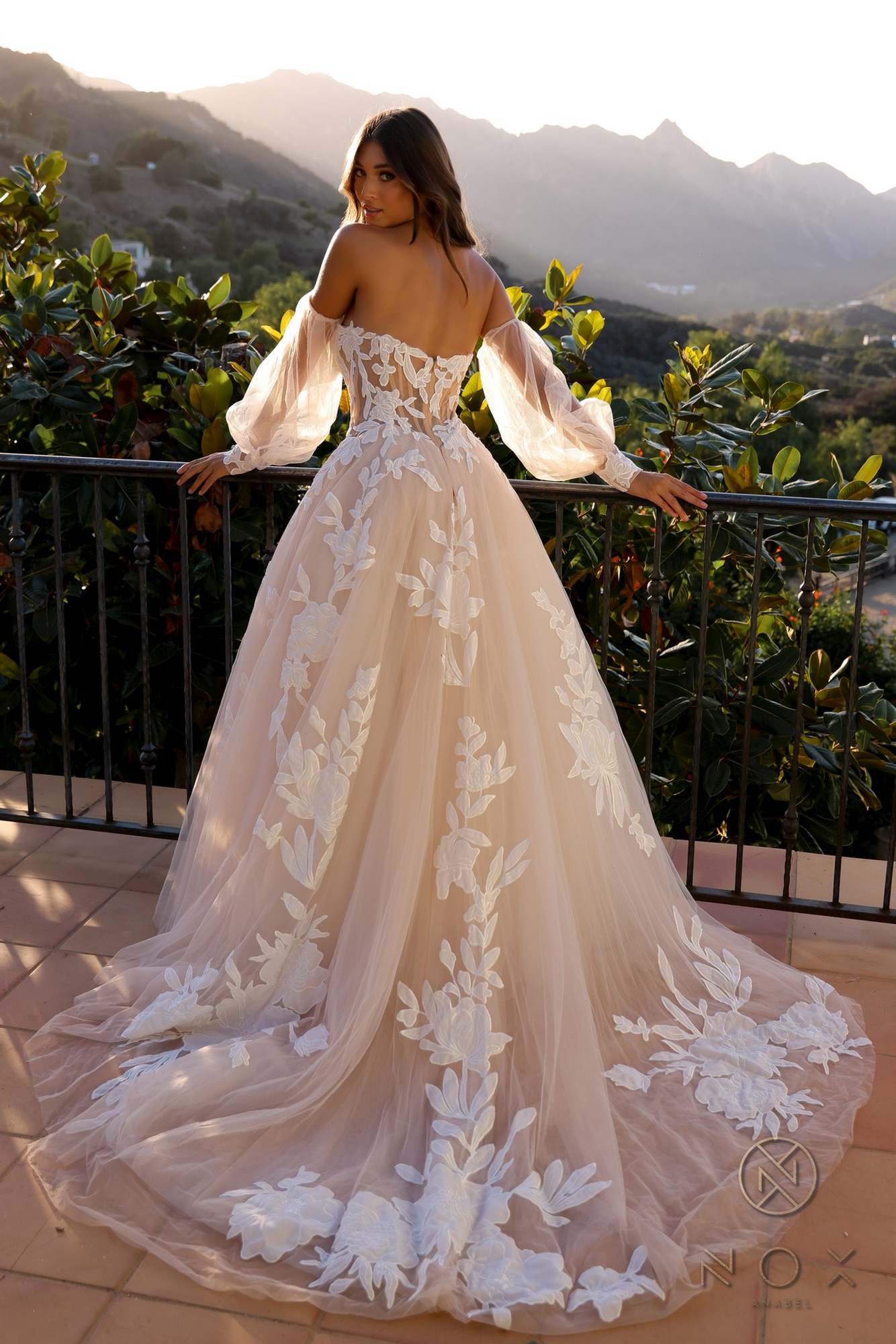 Nox Anabel JE990L Long Puff Sleeve Strapless Corset A-Line Bridal Gown