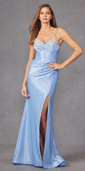 Juliet JT2434A Long V-Neck Embellished Corset Bodice Fitted Mermaid Gown