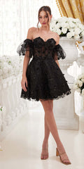 Ladivine KV1089 Short Floral Strapless A-Line Dress with Puff Sleeves