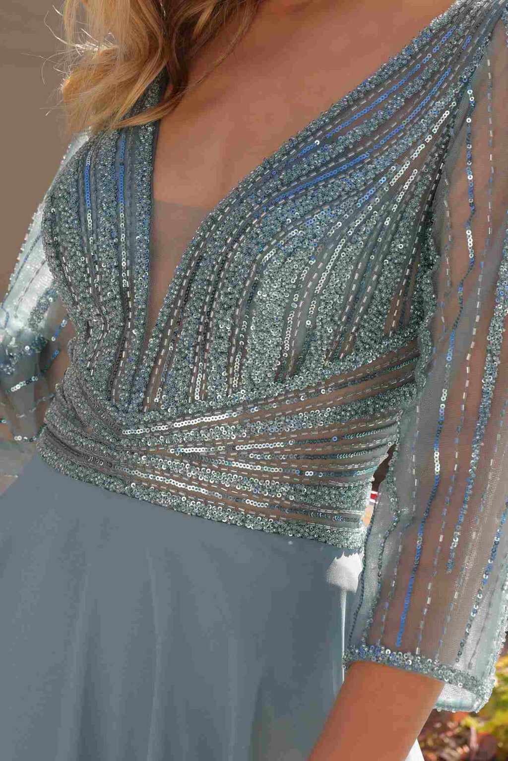 Nox Anabel MF101 Long V-Neck Embellished Bodice 3/4 Sleeve A-line Gown
