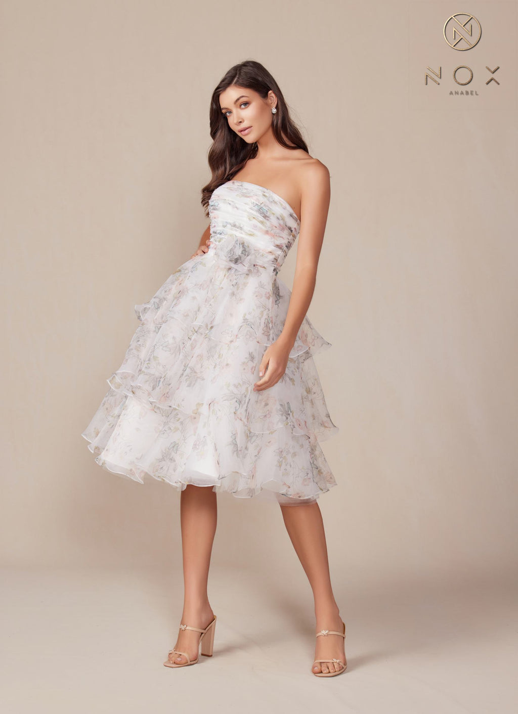 Nox Anabel Q842 Floral Print A-Line Tea Length Dress