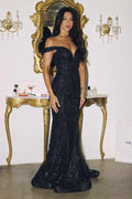 Amoris T613 Fitted Off the Shoulder Sequin Lace Sweep Train Gown