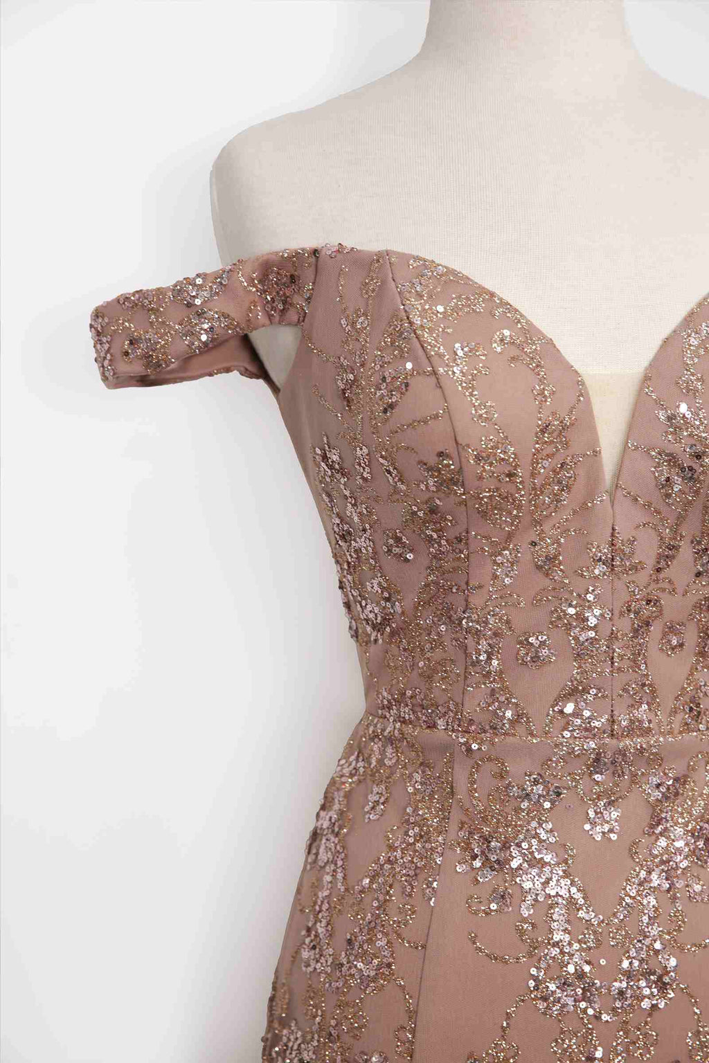 Amoris T613 Fitted Off the Shoulder Sequin Lace Sweep Train Gown