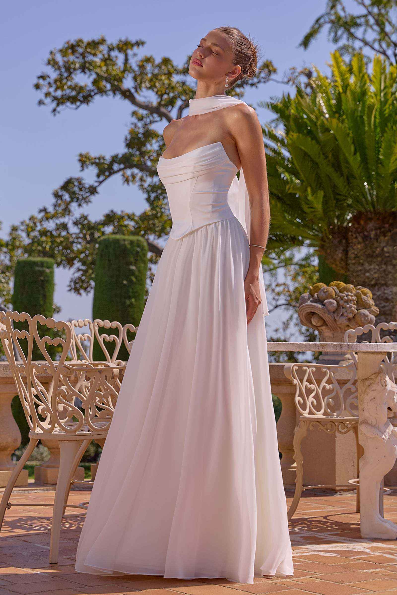Amoris T741W Flowing A-Line Strapless Chiffon Off White Evening Gown
