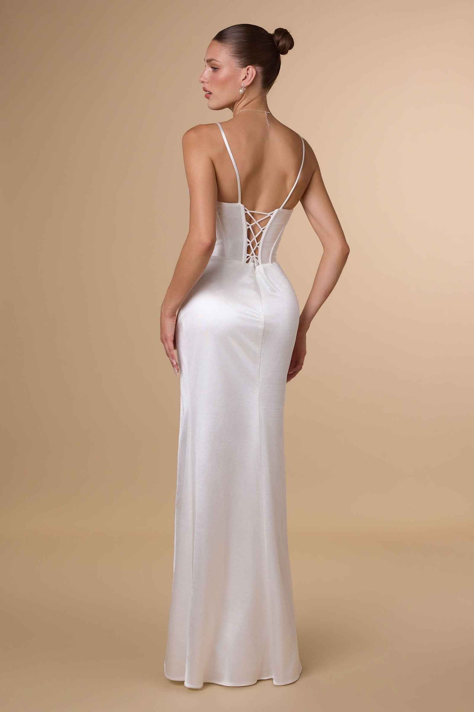 Amoris T815W Fitted Sultry Stretch Satin Bustier Bodice Off White Dress