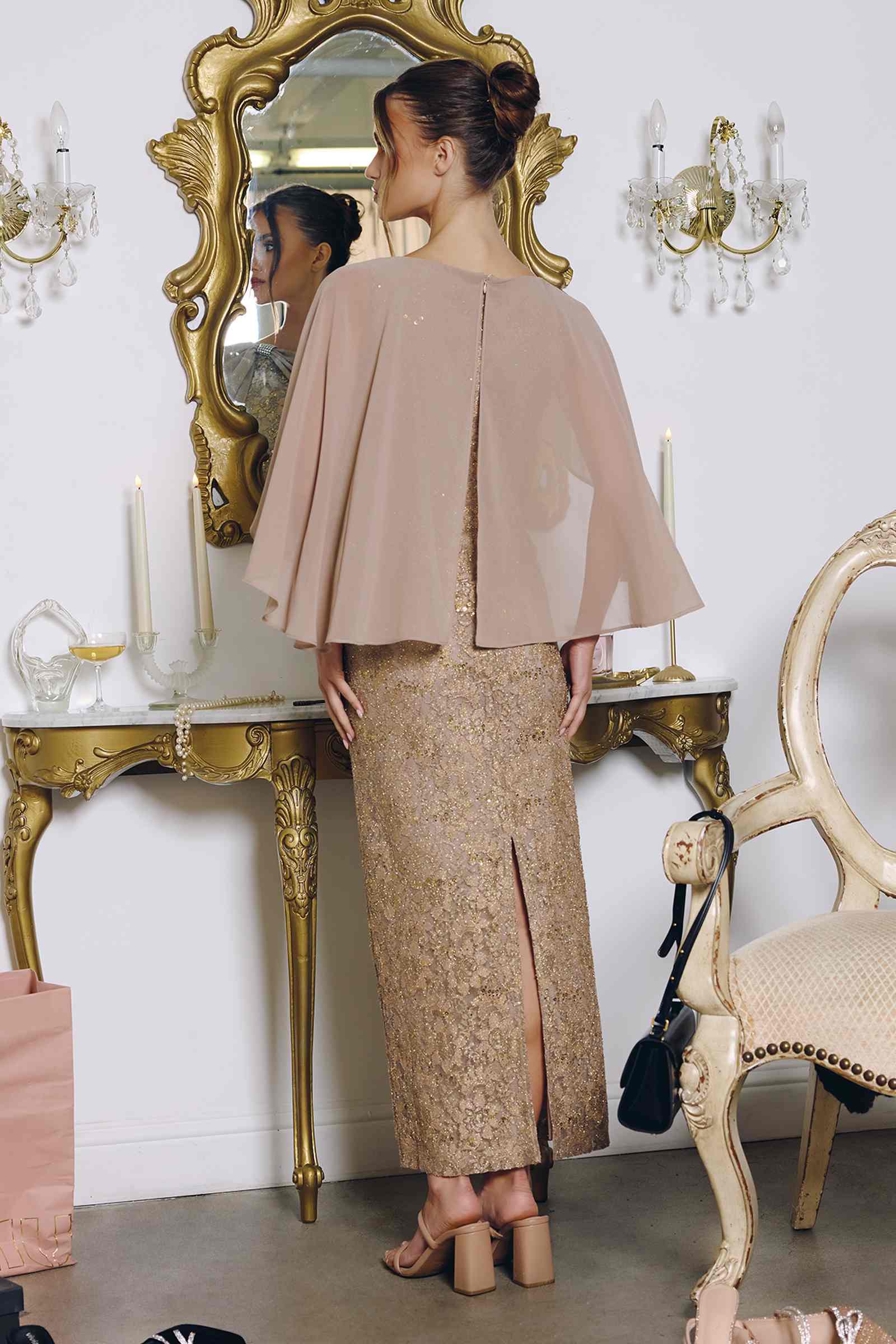 Amoris T906 Sequin Lace Gown Detachable Sheer Cape Overlay