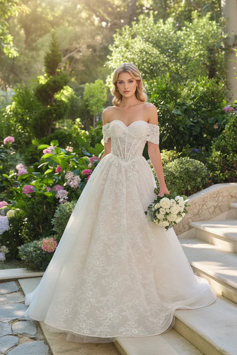 Andrea & Leo WL090 Embroidered Lace Tulle Off Shoulder Wedding Ball Gown