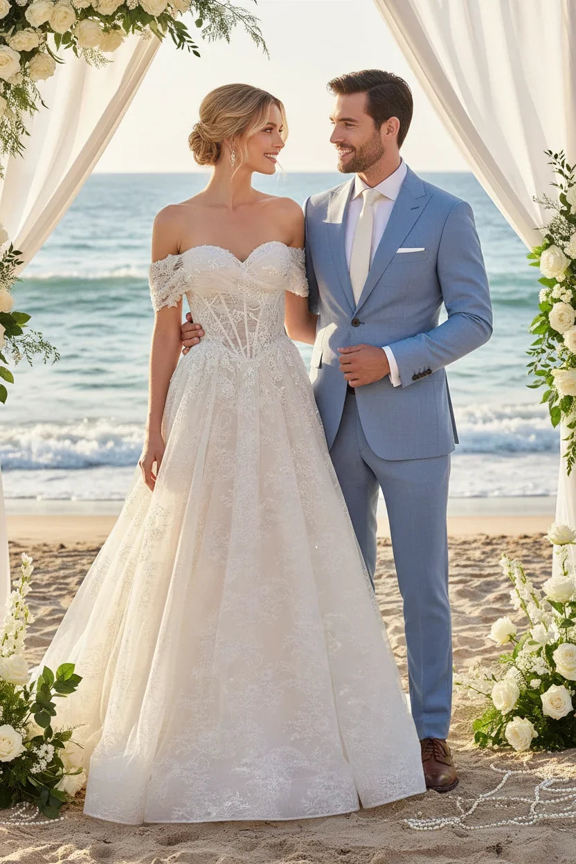 Andrea & Leo WL090 Embroidered Lace Tulle Off Shoulder Wedding Ball Gown